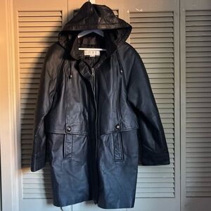 Comint apparel group long hooded vintage black leather coat jacket
